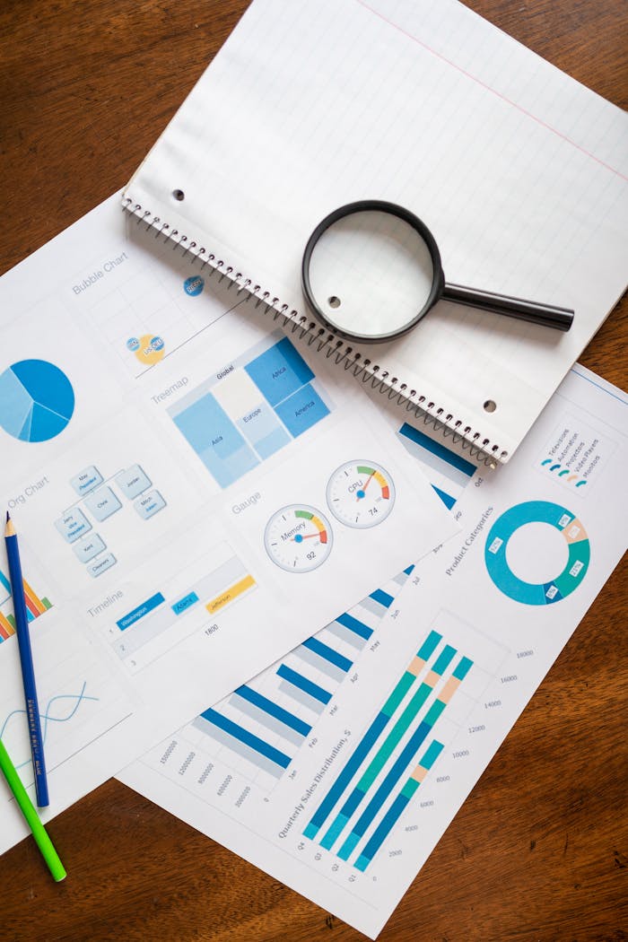 A set of financial charts and graphs with a magnifying glass, perfect for business reports.